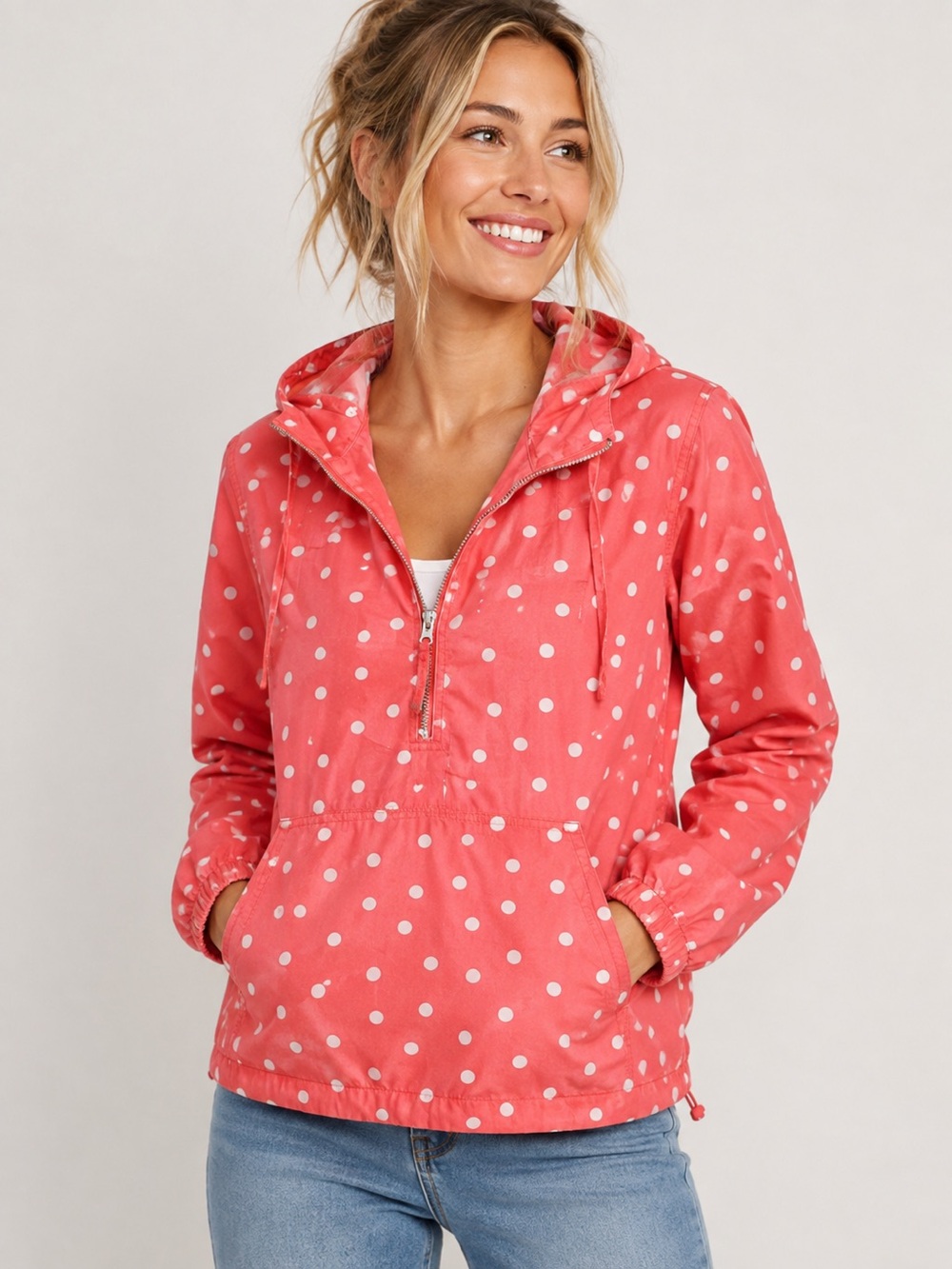 Cotton Polka‎ Dot Anorak Jacket Half Zip Hooded Pullover, Small